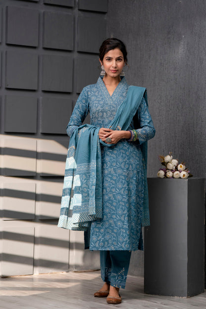 Ruhani Blue Cotton Dupatta Dress