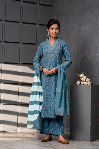 Ruhani Blue Cotton Dupatta Dress