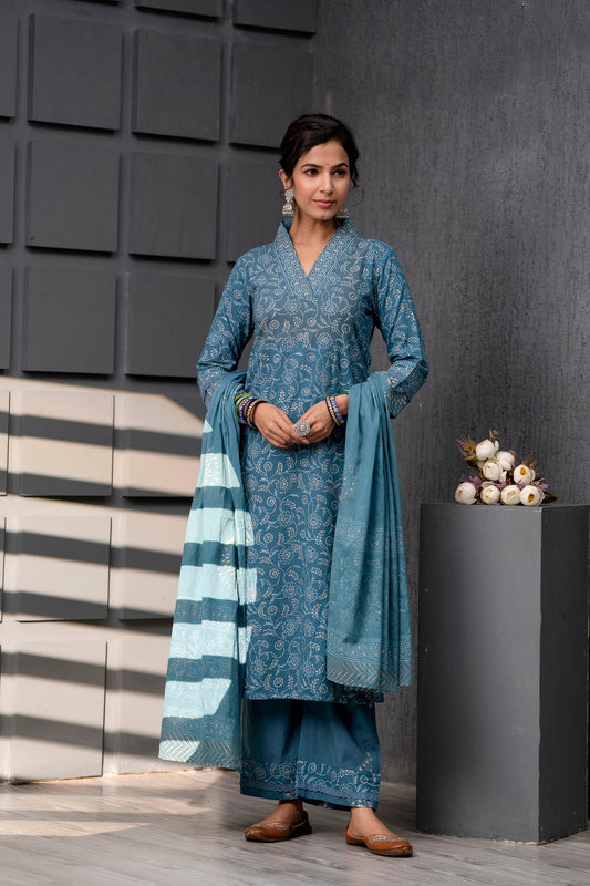 Ruhani Blue Cotton Dupatta Dress