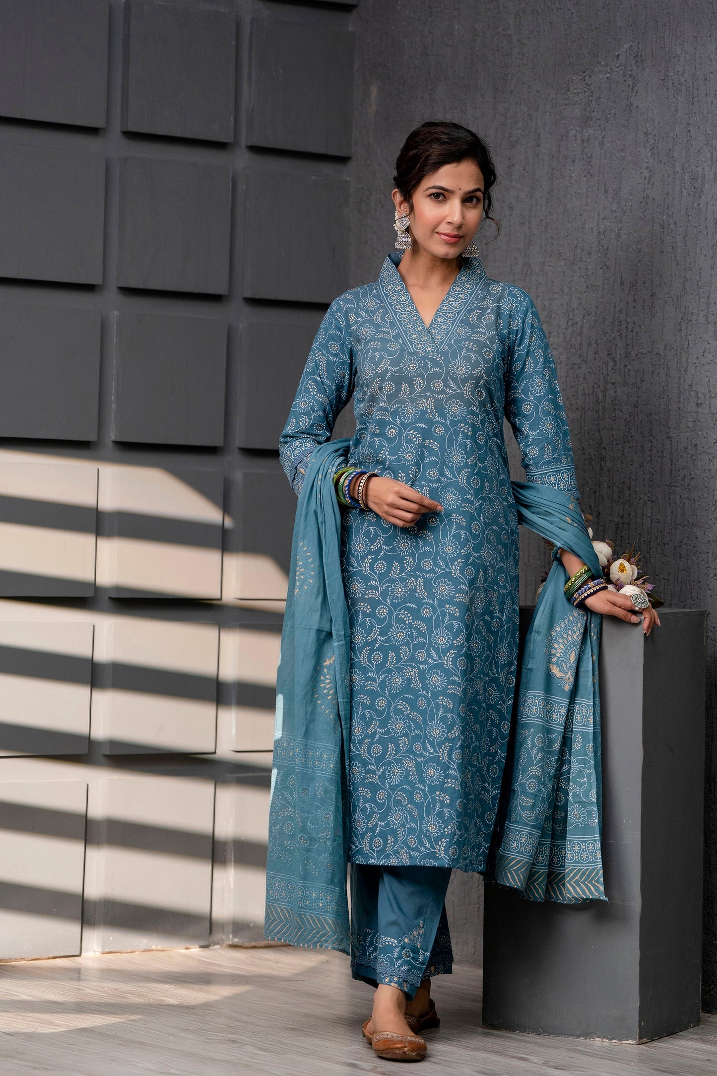 Ruhani Blue Cotton Dupatta Dress