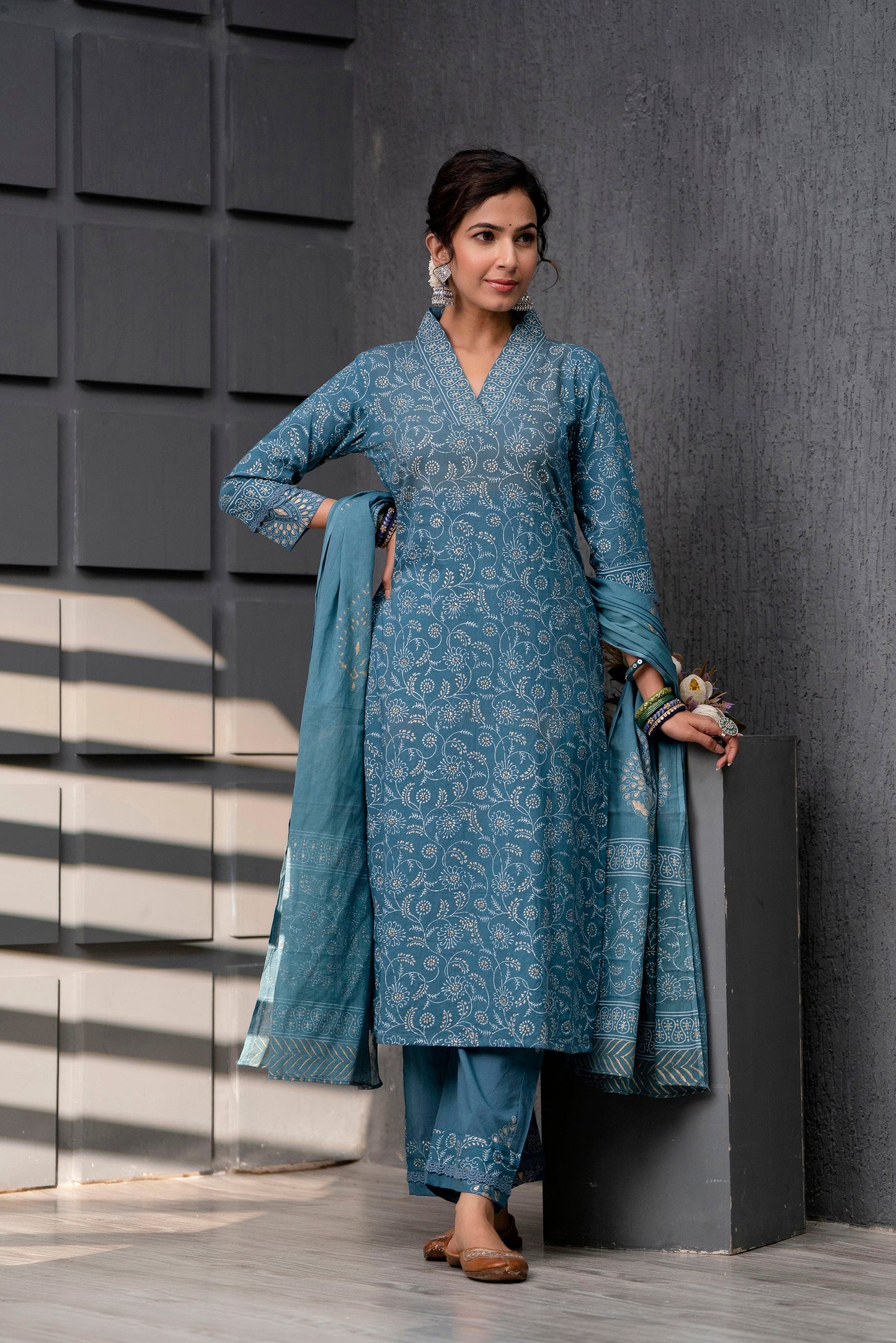 Ruhani Blue Cotton Dupatta Dress