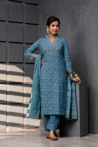 Ruhani Blue Cotton Dupatta Dress