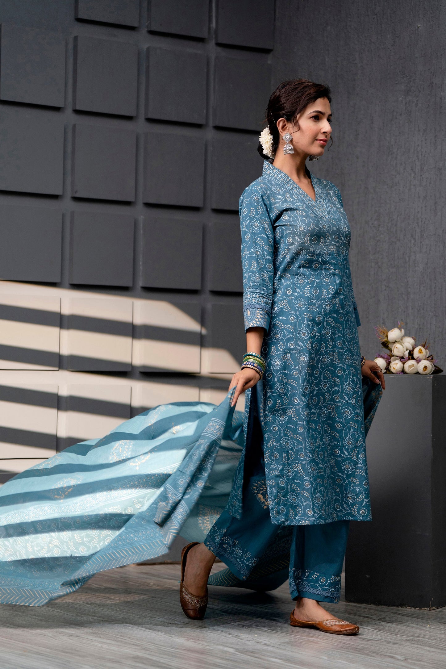 Ruhani Blue Cotton Dupatta Dress