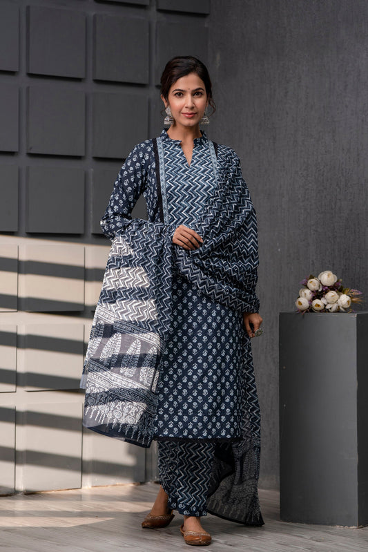 Shirina Indigo Blue Cotton Dupatta Dress