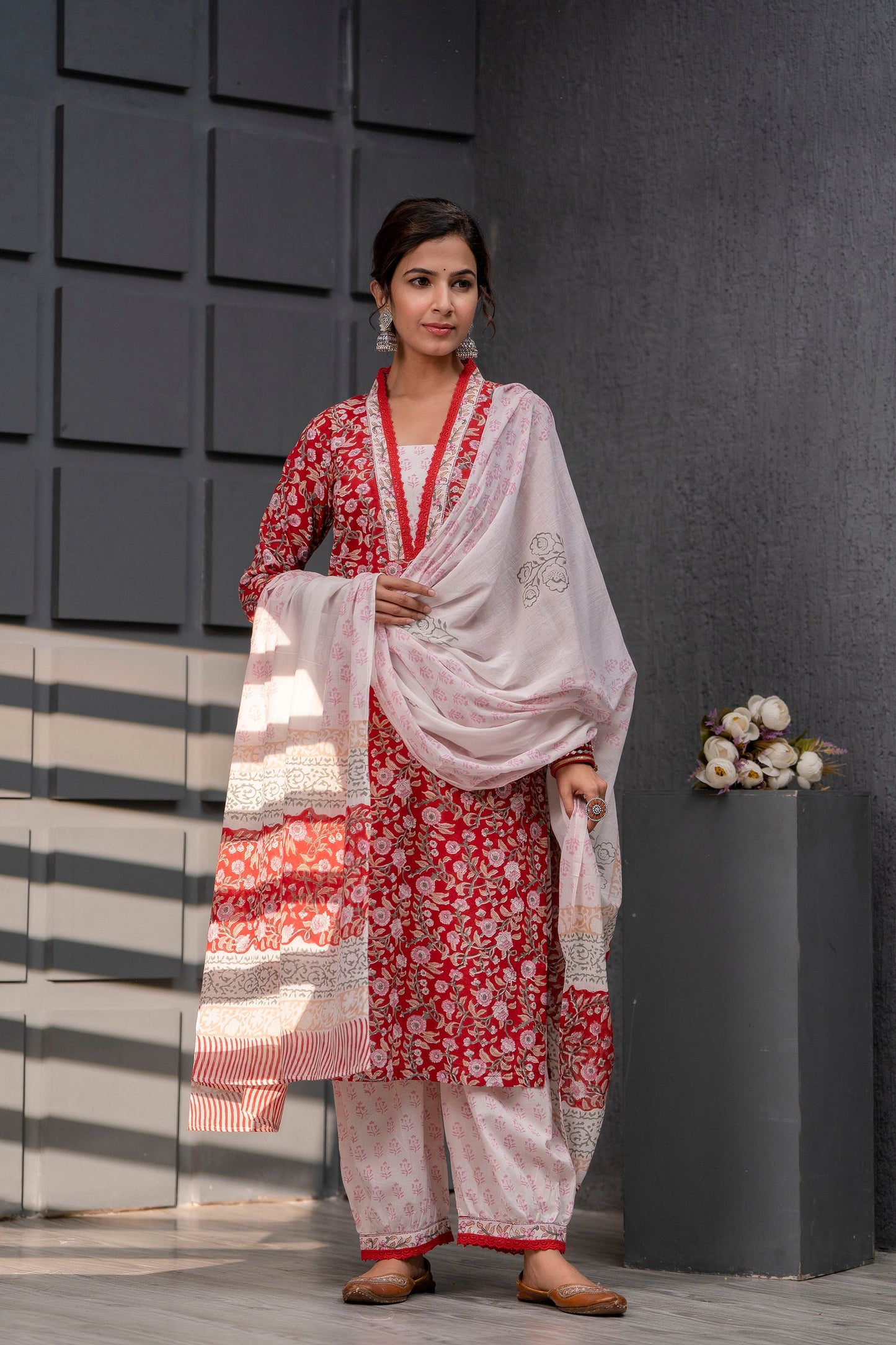 Ameira Red Cotton Dupatta Dress