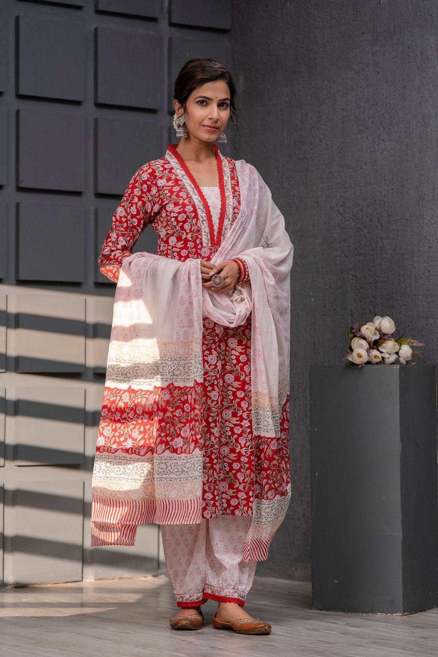 Ameira Red Cotton Dupatta Dress