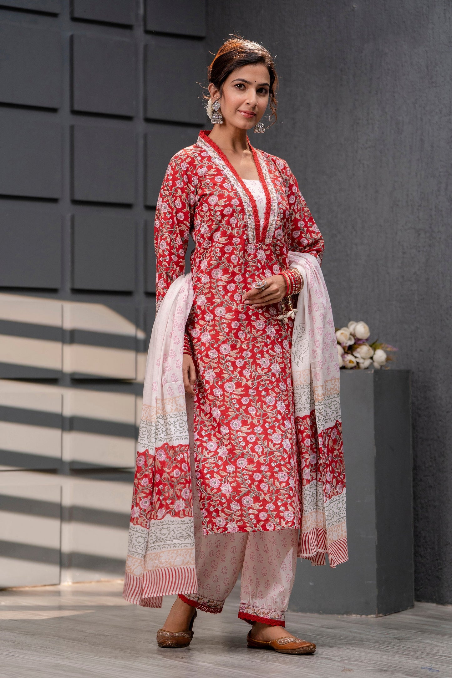 Ameira Red Cotton Dupatta Dress