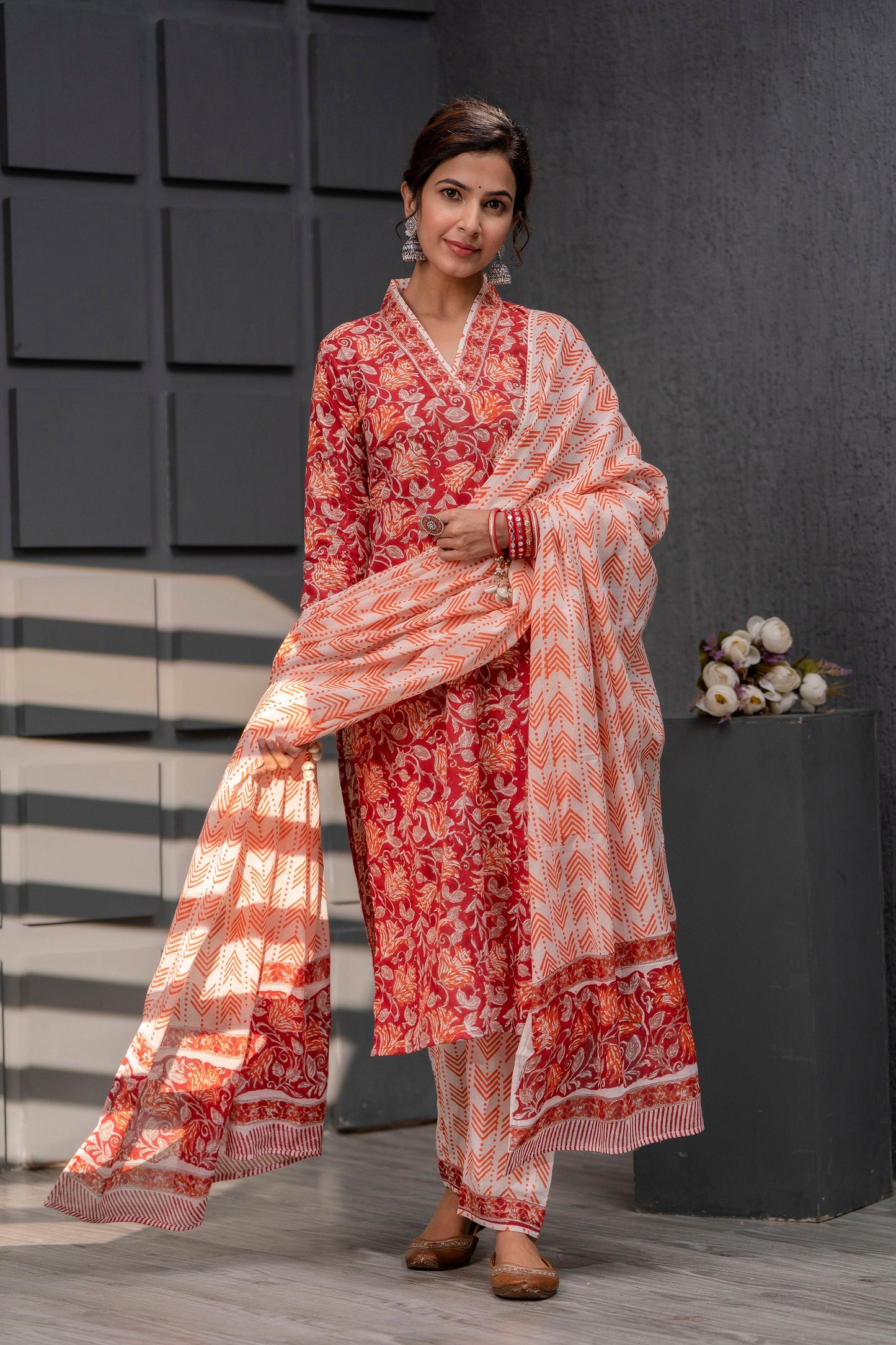 Eishal Red Cotton Dupatta Dress