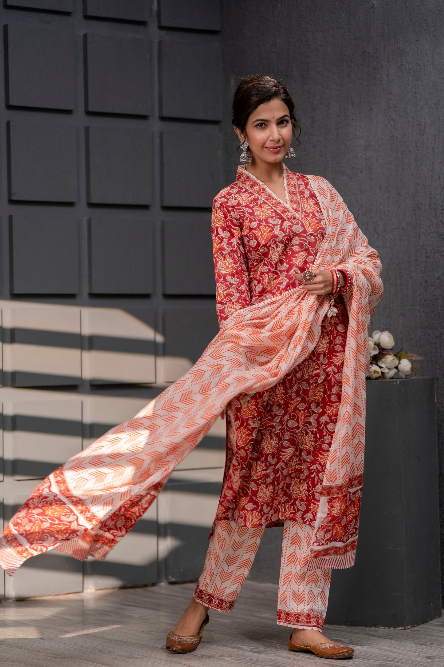 Eishal Red Cotton Dupatta Dress