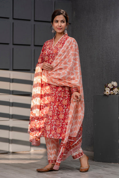 Eishal Red Cotton Dupatta Dress