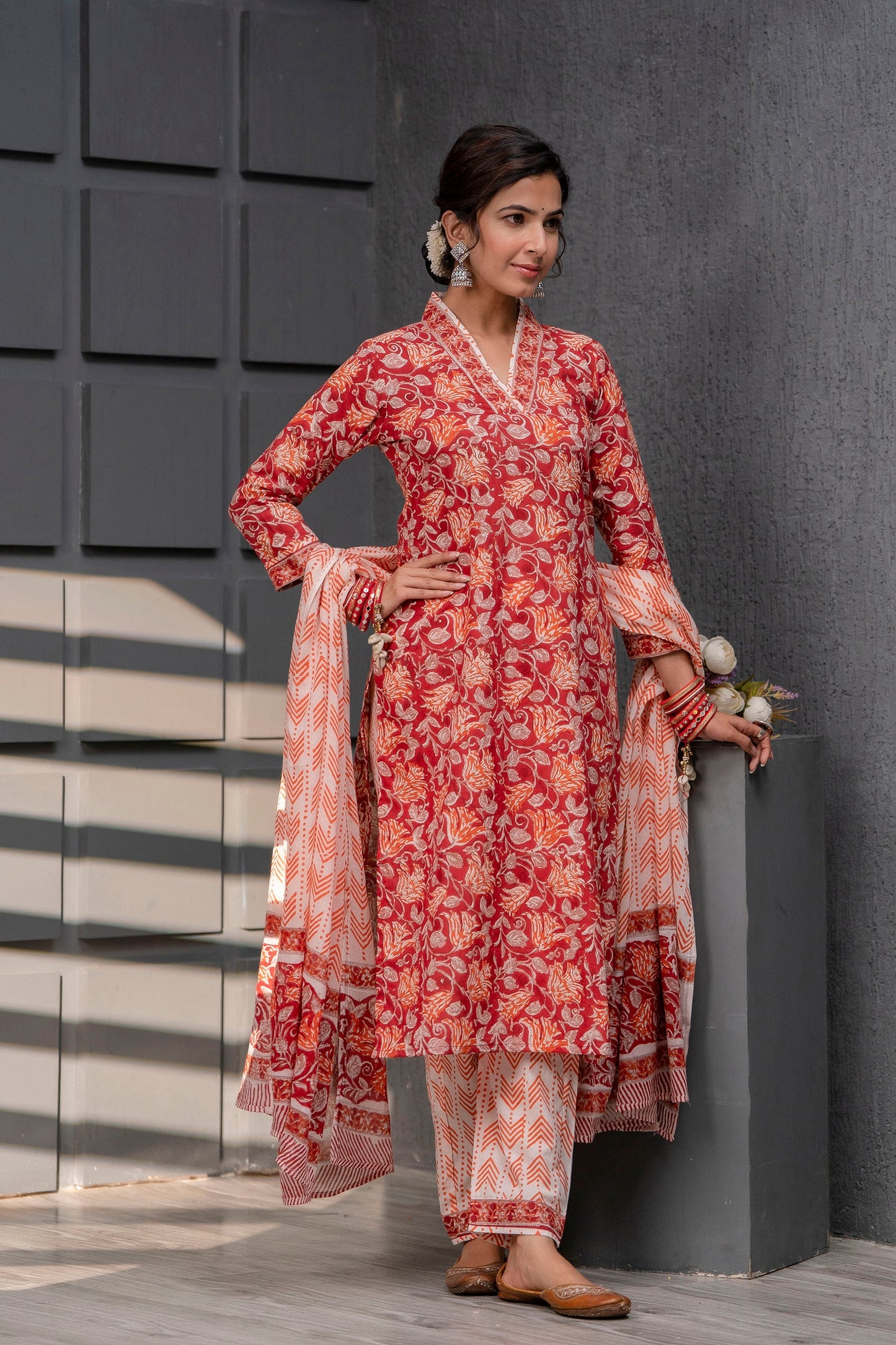 Eishal Red Cotton Dupatta Dress