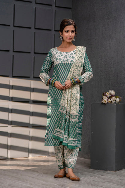 Omaira Green Cotton Dupatta Dress