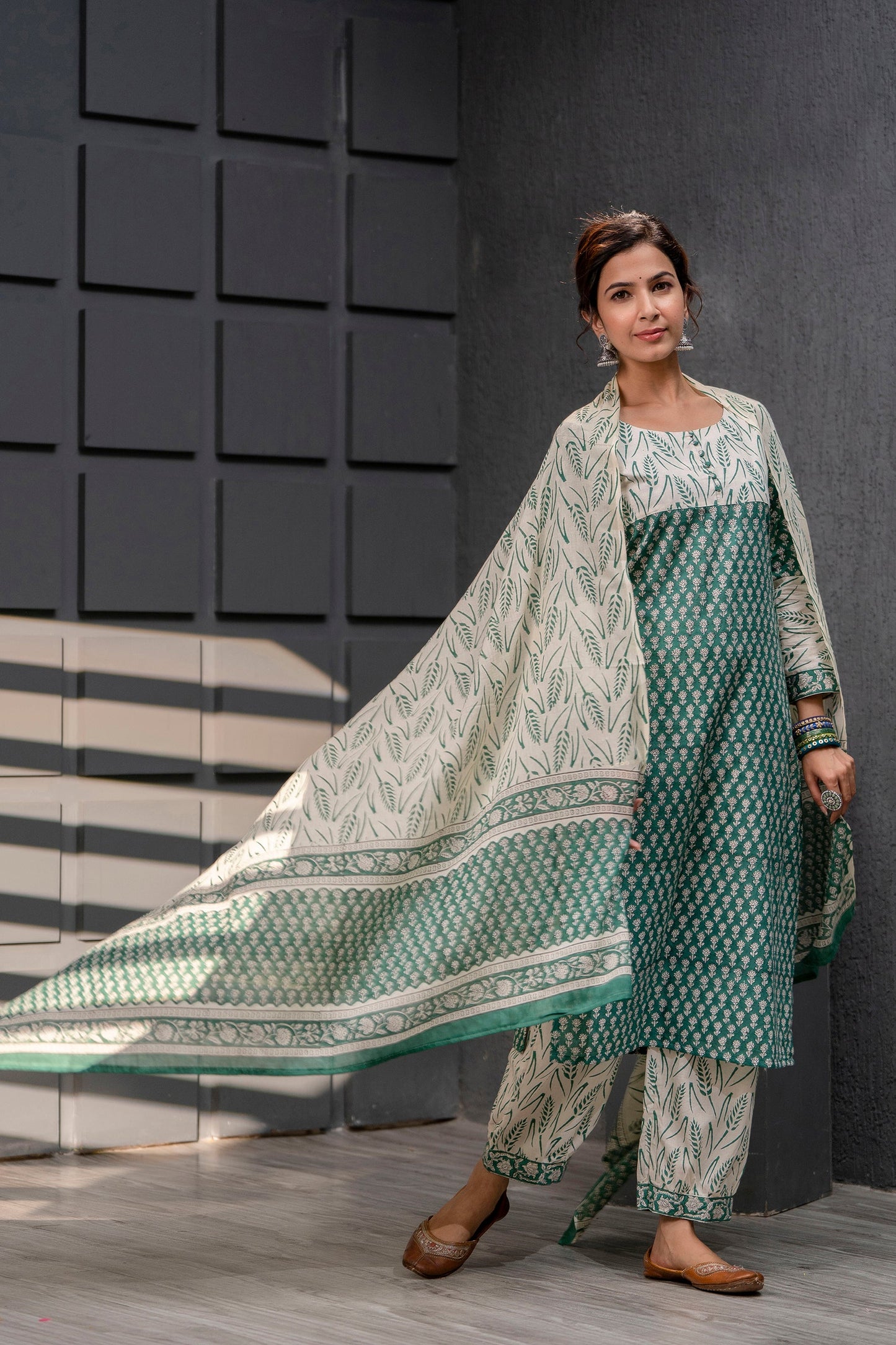 Omaira Green Cotton Dupatta Dress