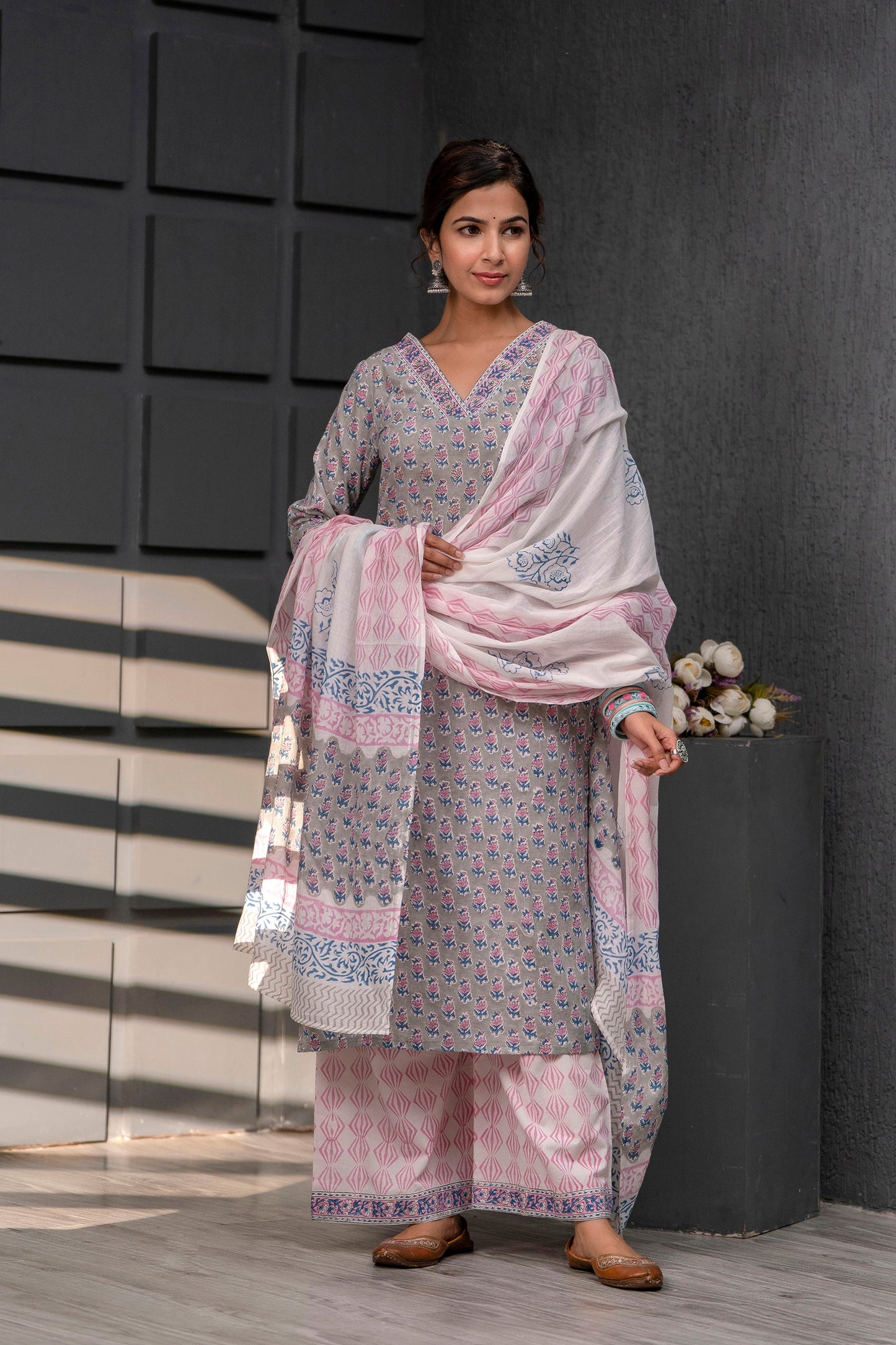 Qiraat Grey Cotton Dupatta Dress