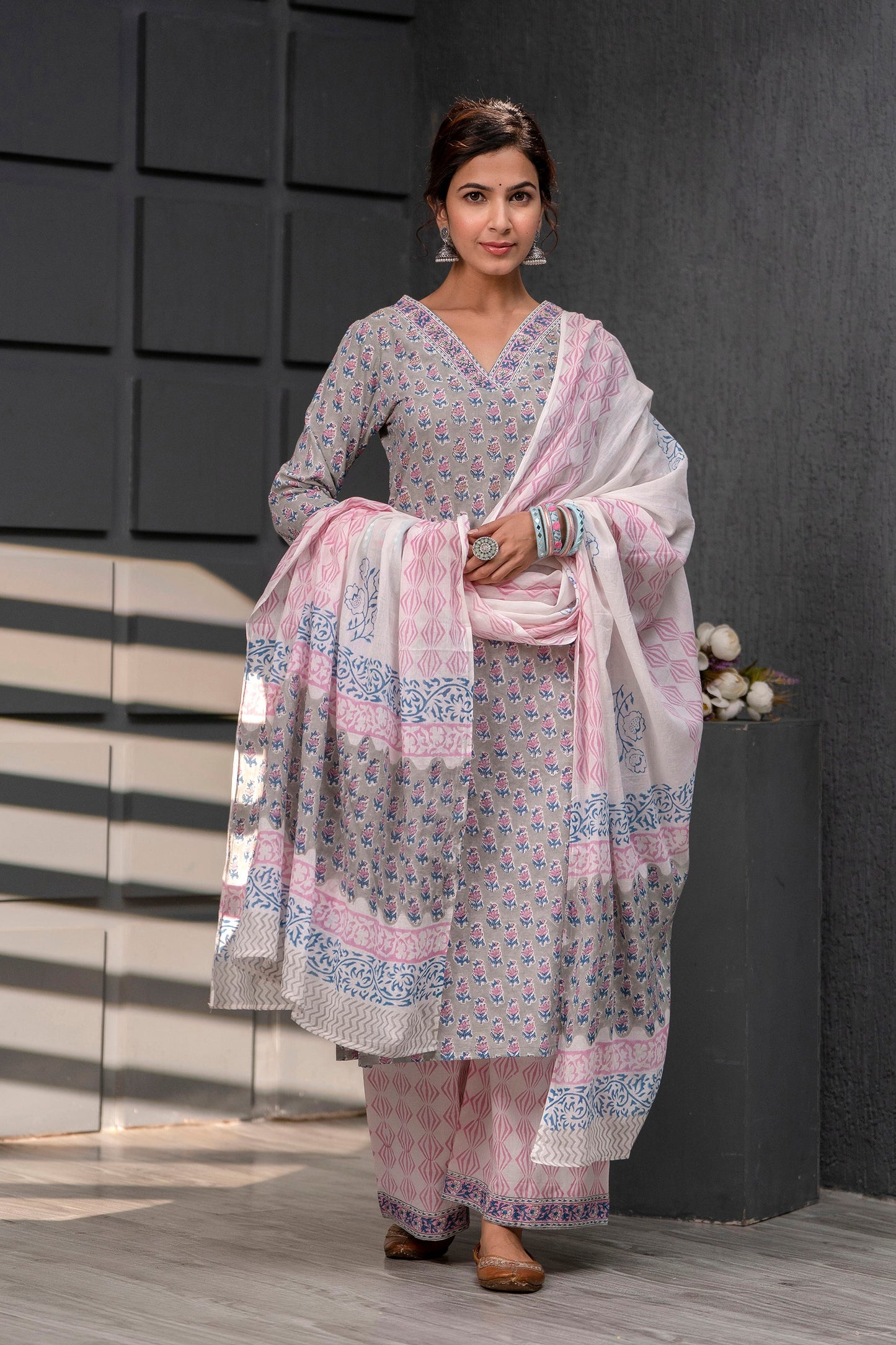 Qiraat Grey Cotton Dupatta Dress