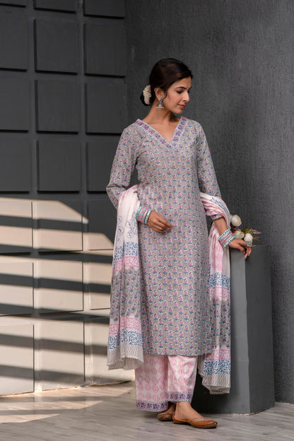 Qiraat Grey Cotton Dupatta Dress