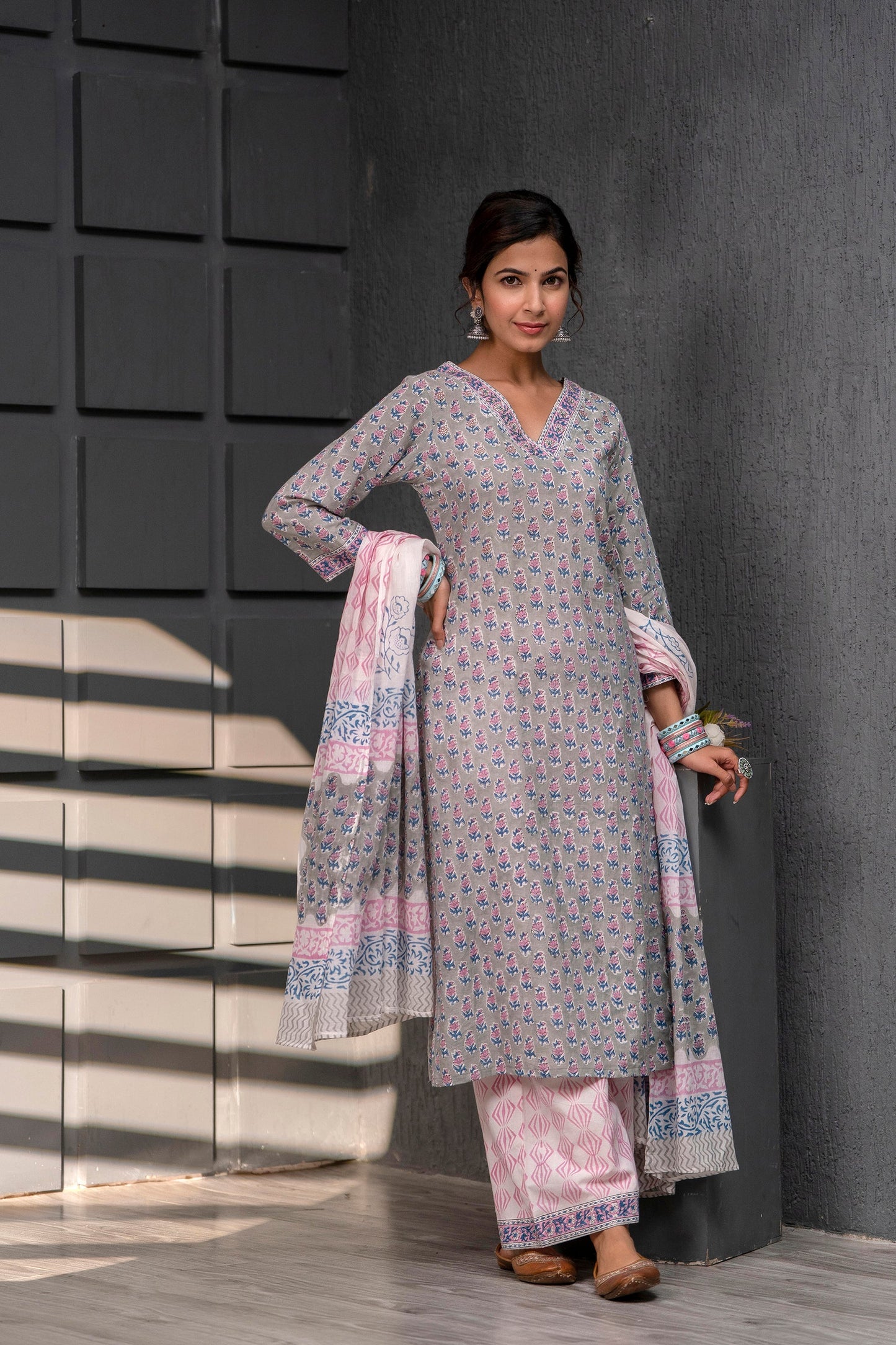 Qiraat Grey Cotton Dupatta Dress