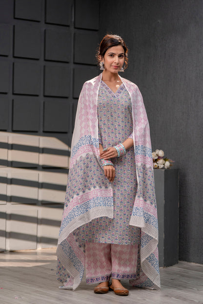 Qiraat Grey Cotton Dupatta Dress