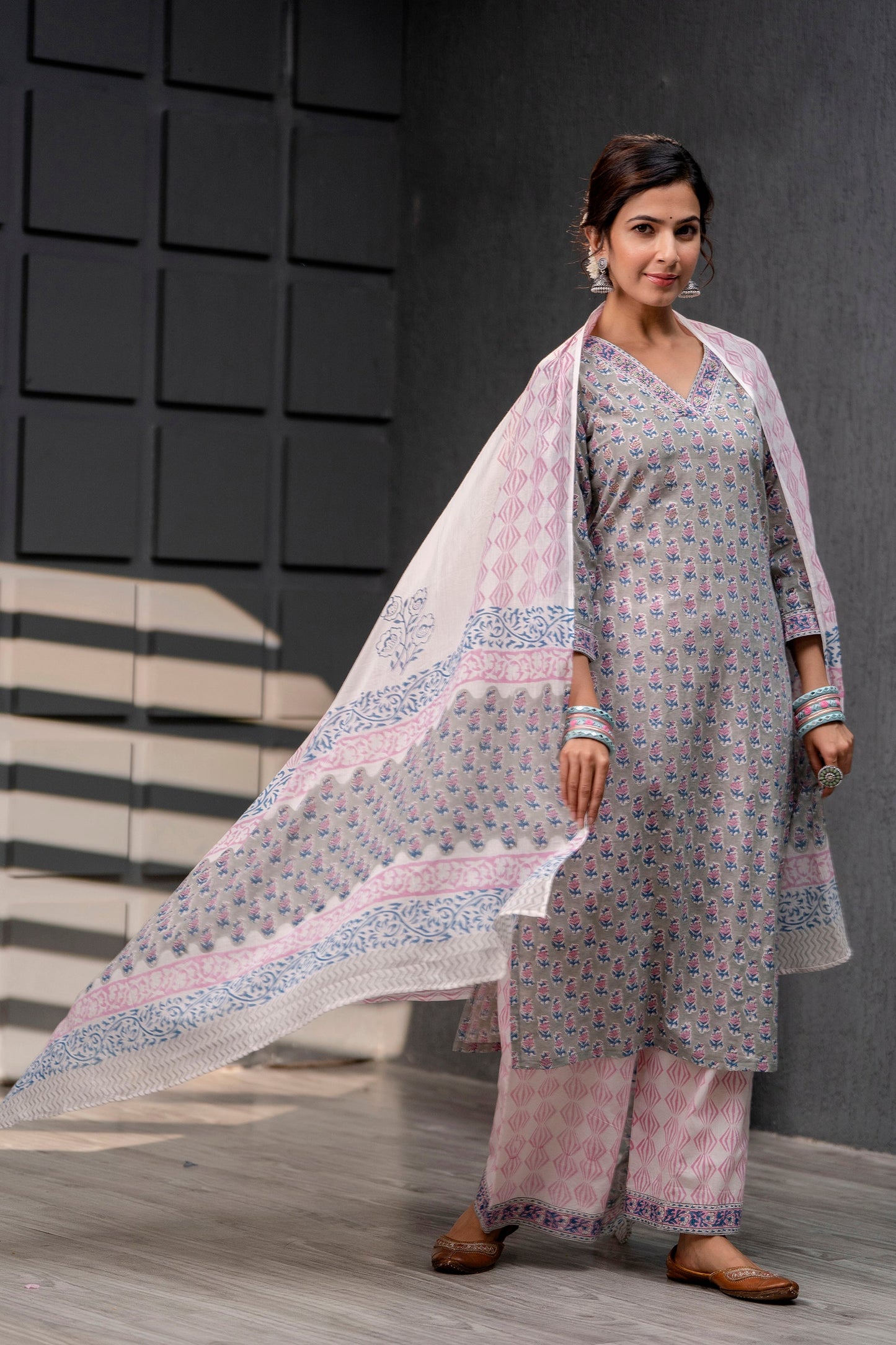 Qiraat Grey Cotton Dupatta Dress