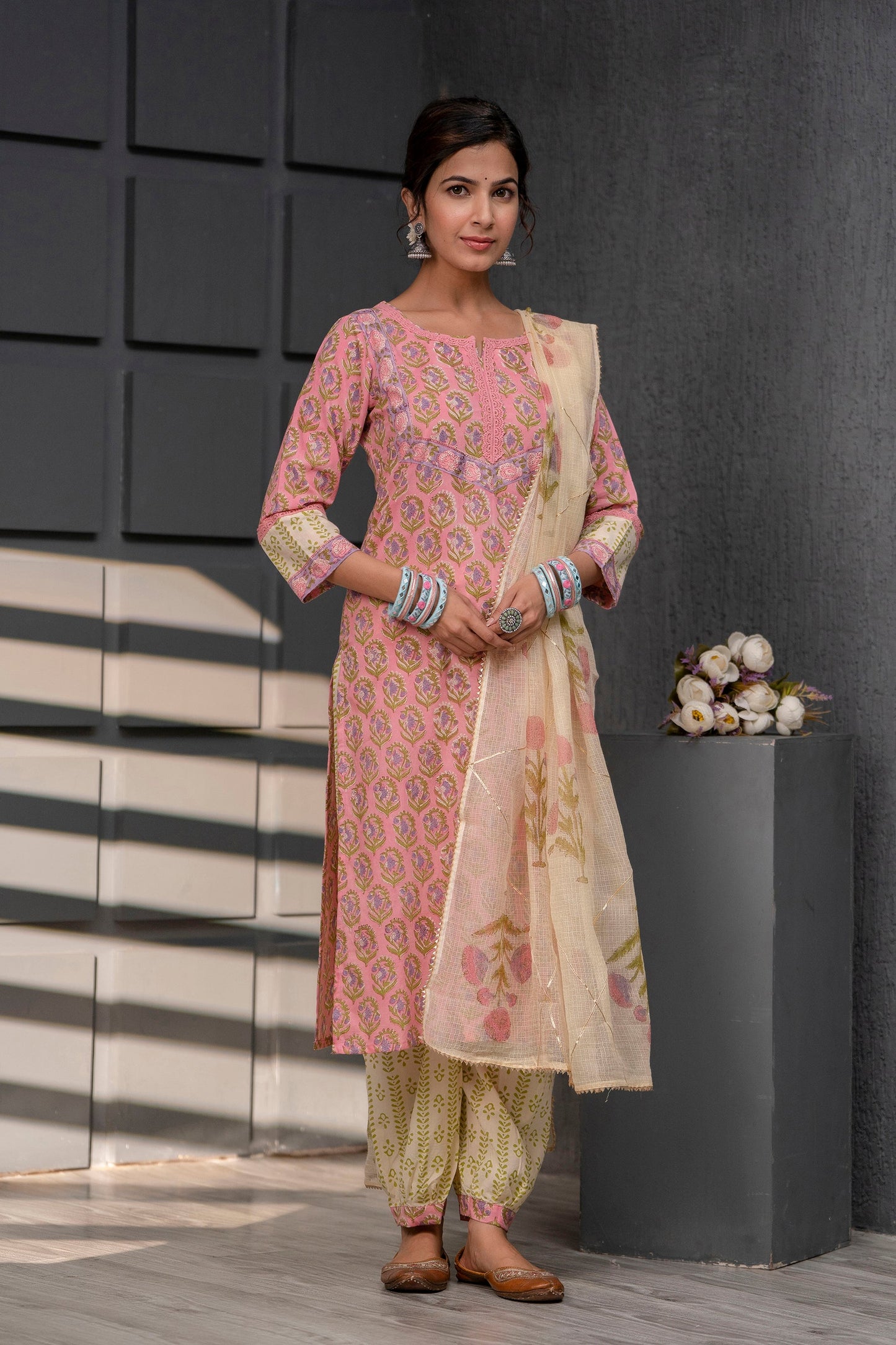 Saanvi Pink Kota Doriya Dupatta Dress