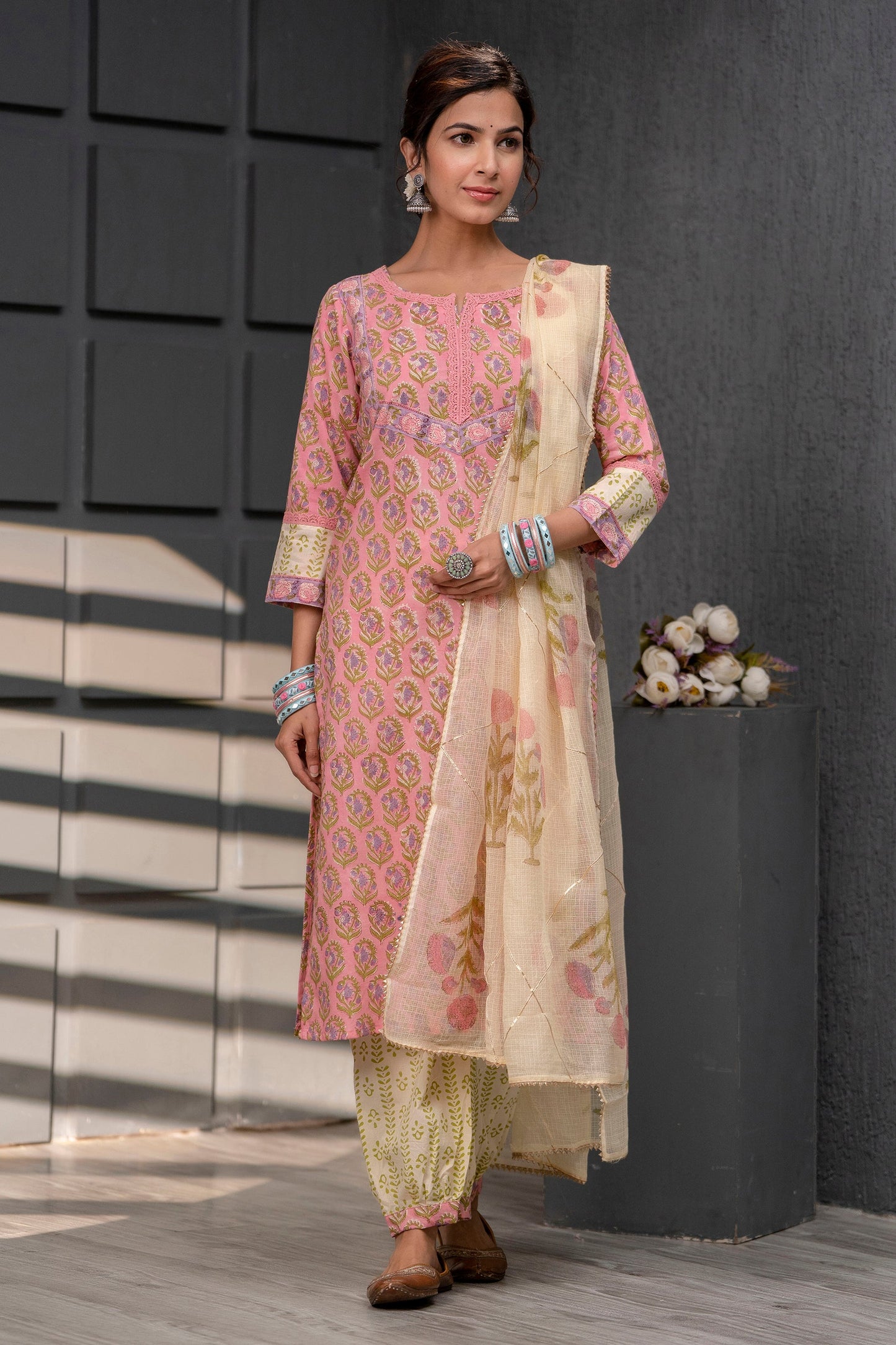 Saanvi Pink Kota Doriya Dupatta Dress