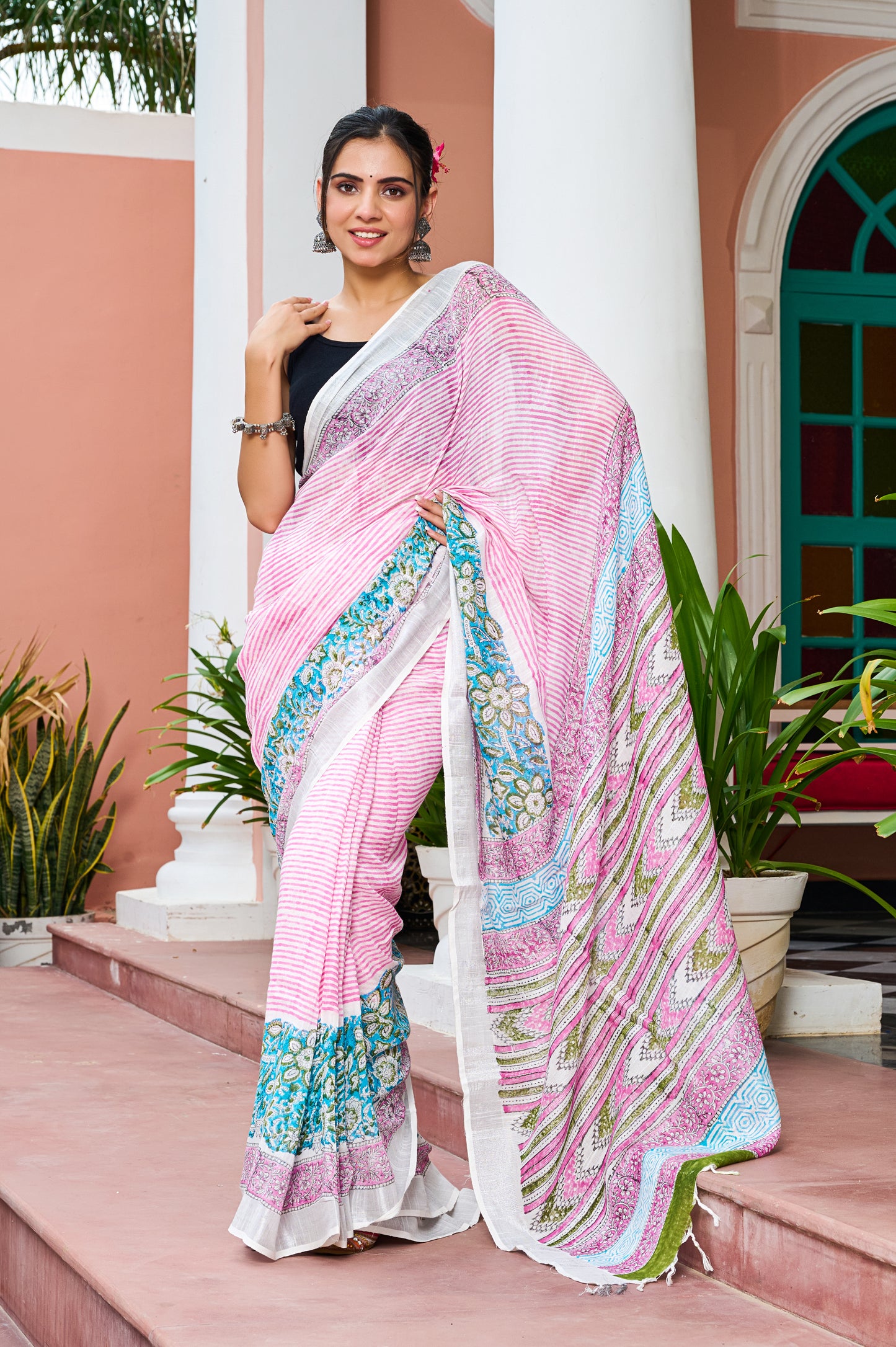 Premium pink Cotton Linen Saree