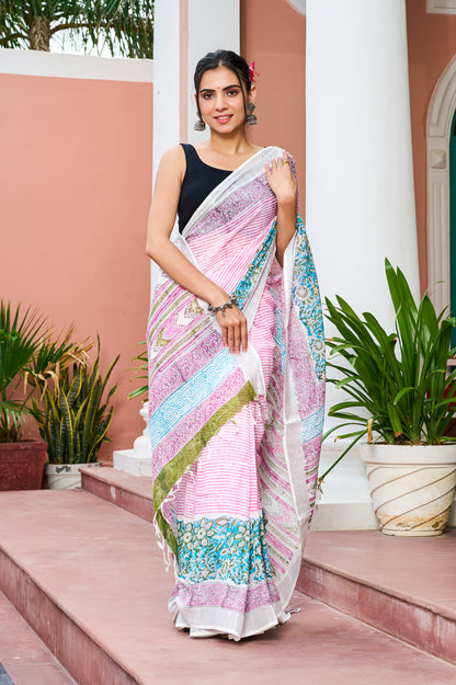 Premium pink Cotton Linen Saree