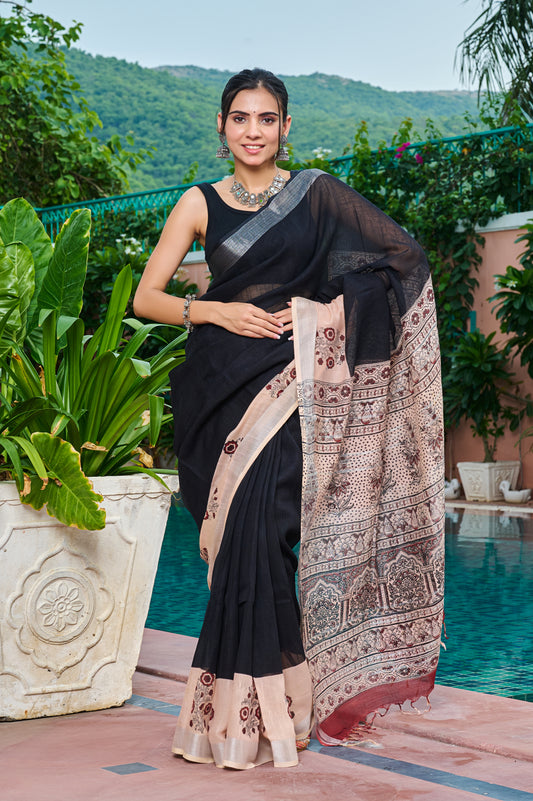 Premium Black Cotton Linen Saree