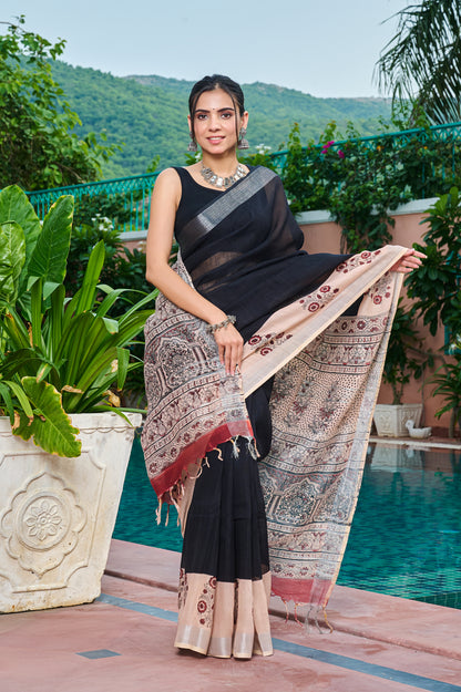 Premium Black Cotton Linen Saree