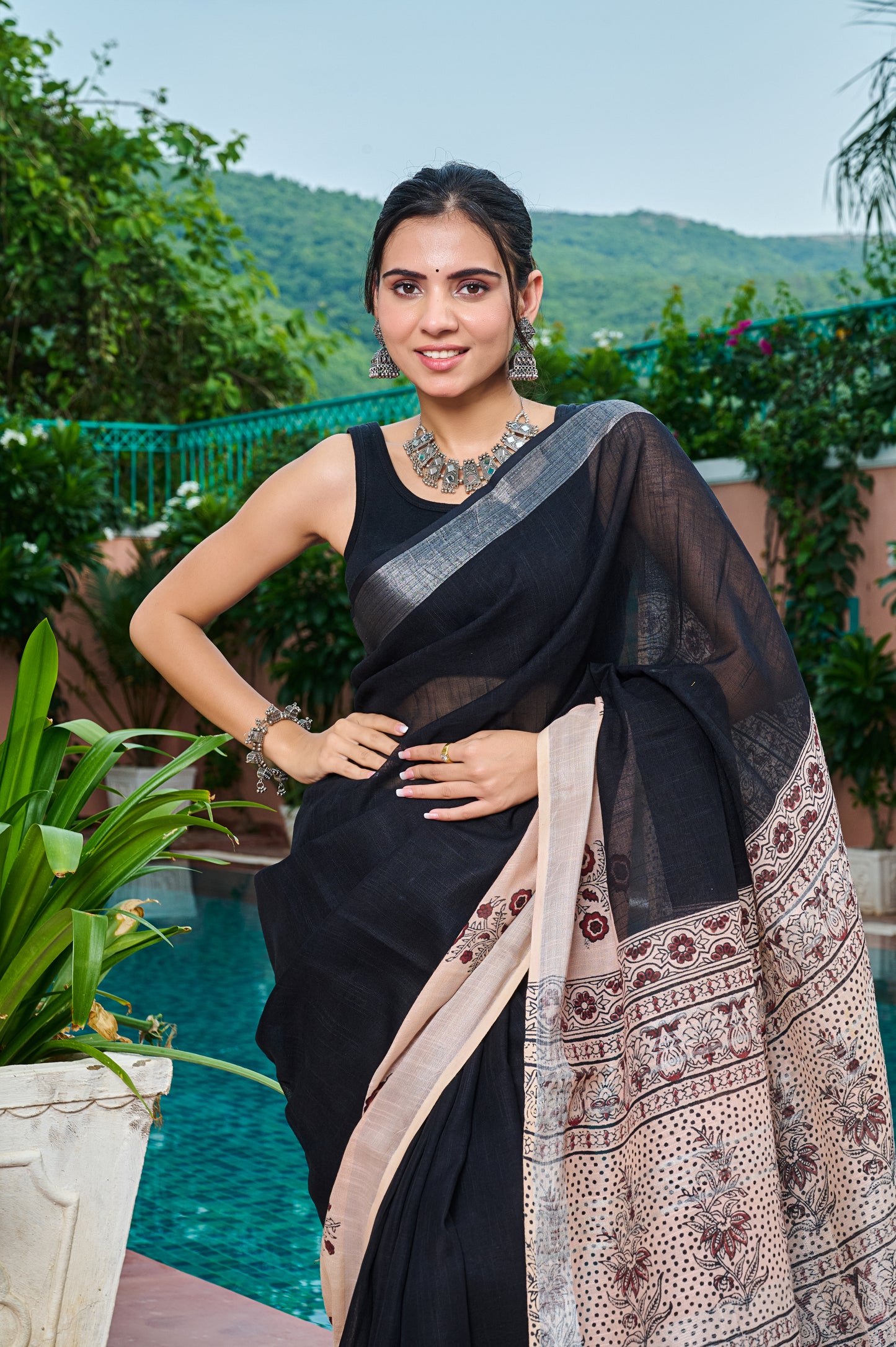 Premium Black Cotton Linen Saree