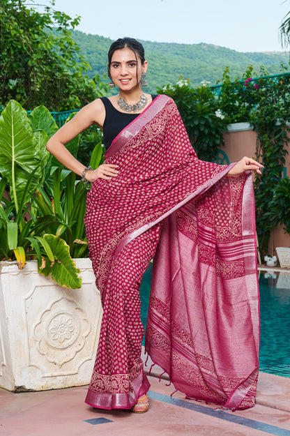 Premium Red Cotton Linen Saree