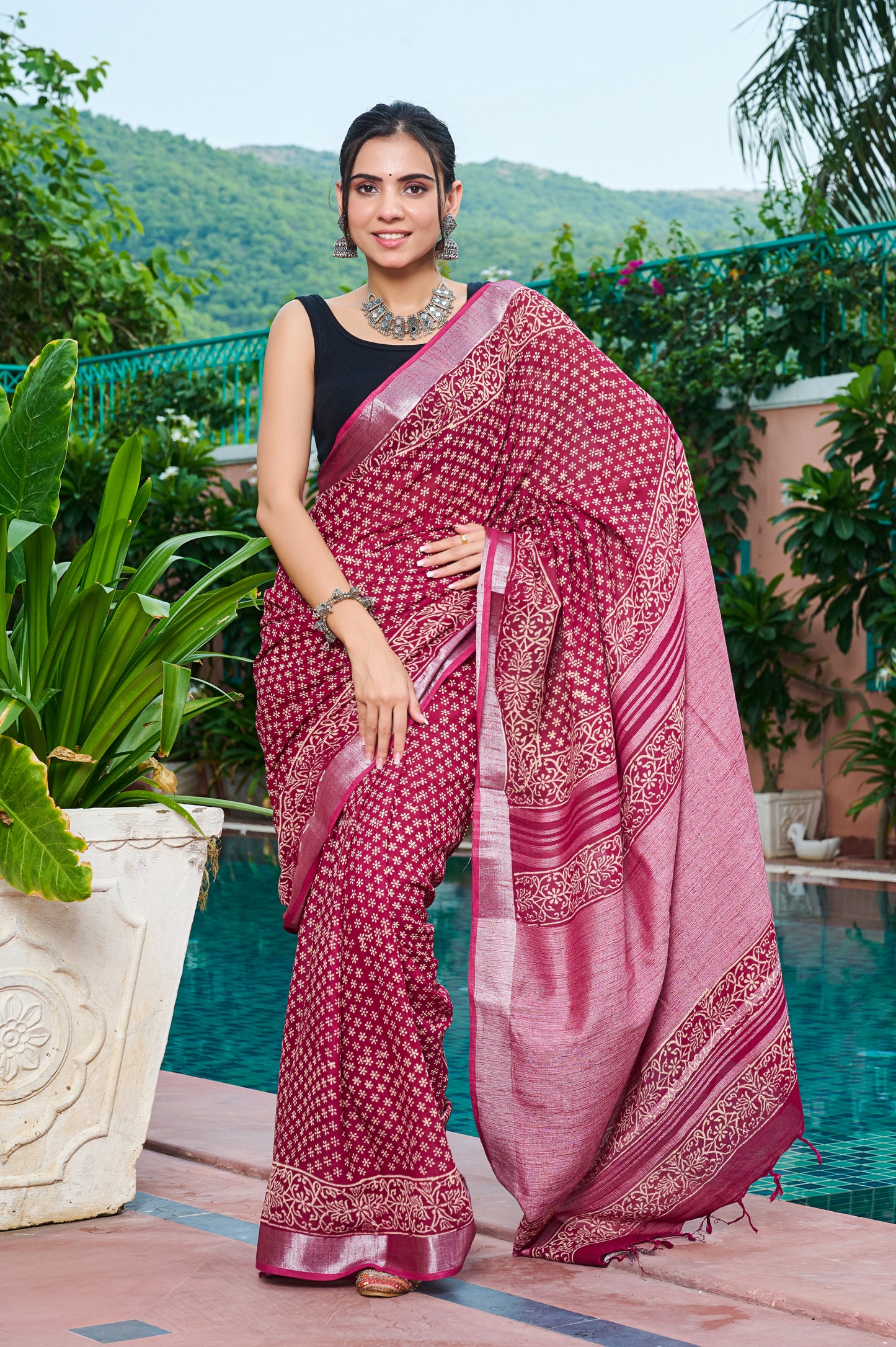 Premium Red Cotton Linen Saree