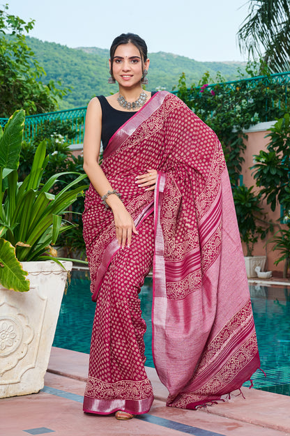 Premium Red Cotton Linen Saree