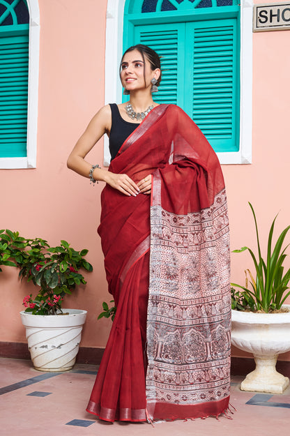 Premium Red Cotton Linen Saree