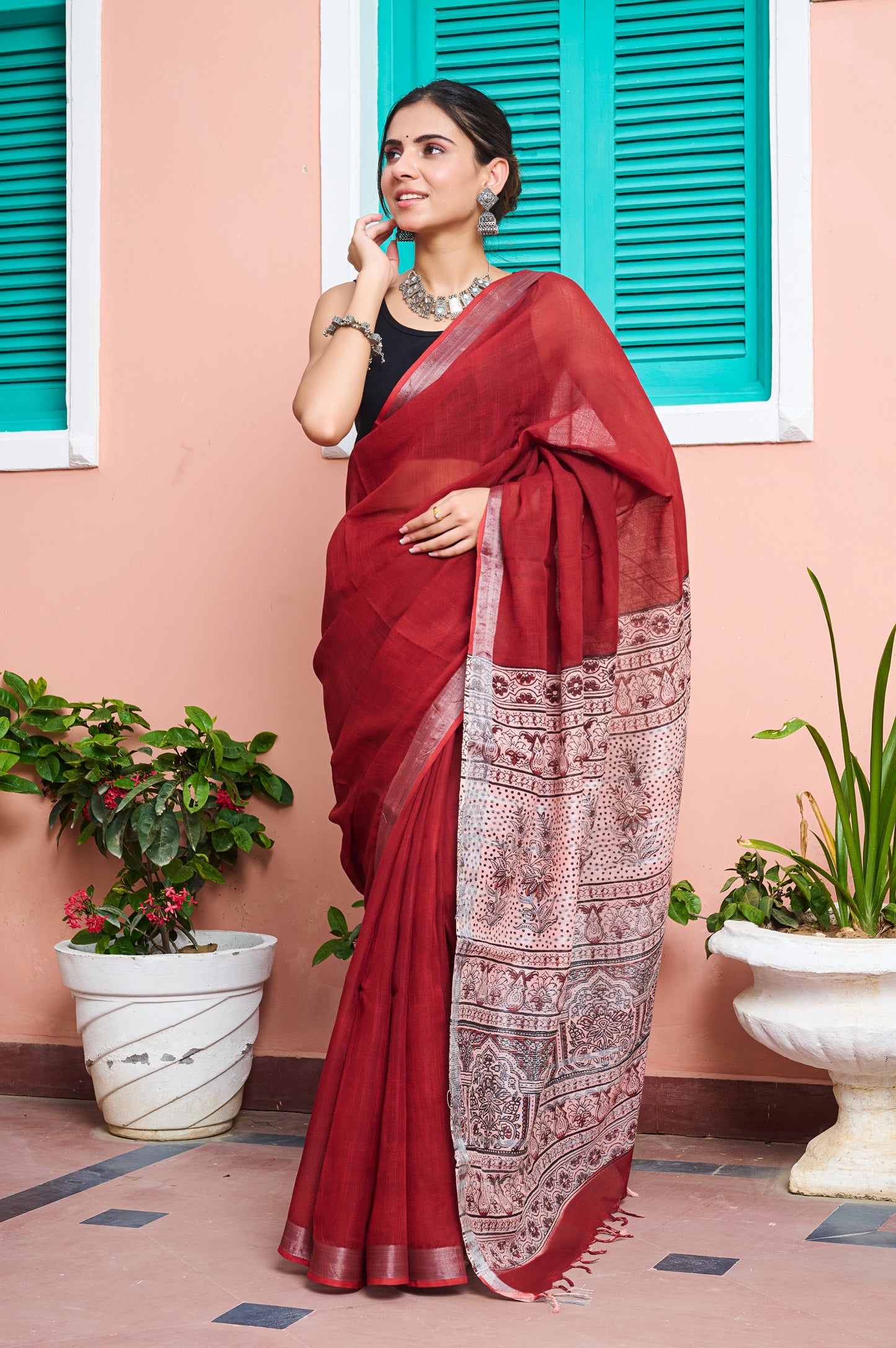 Premium Red Cotton Linen Saree