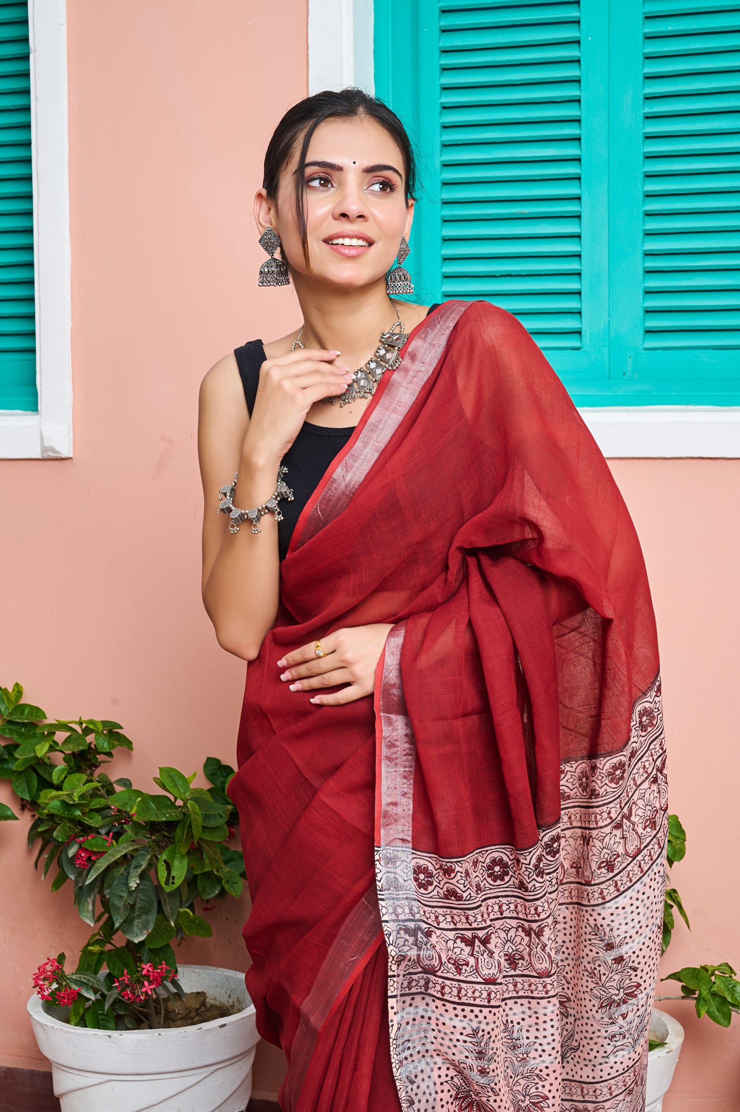 Premium Red Cotton Linen Saree