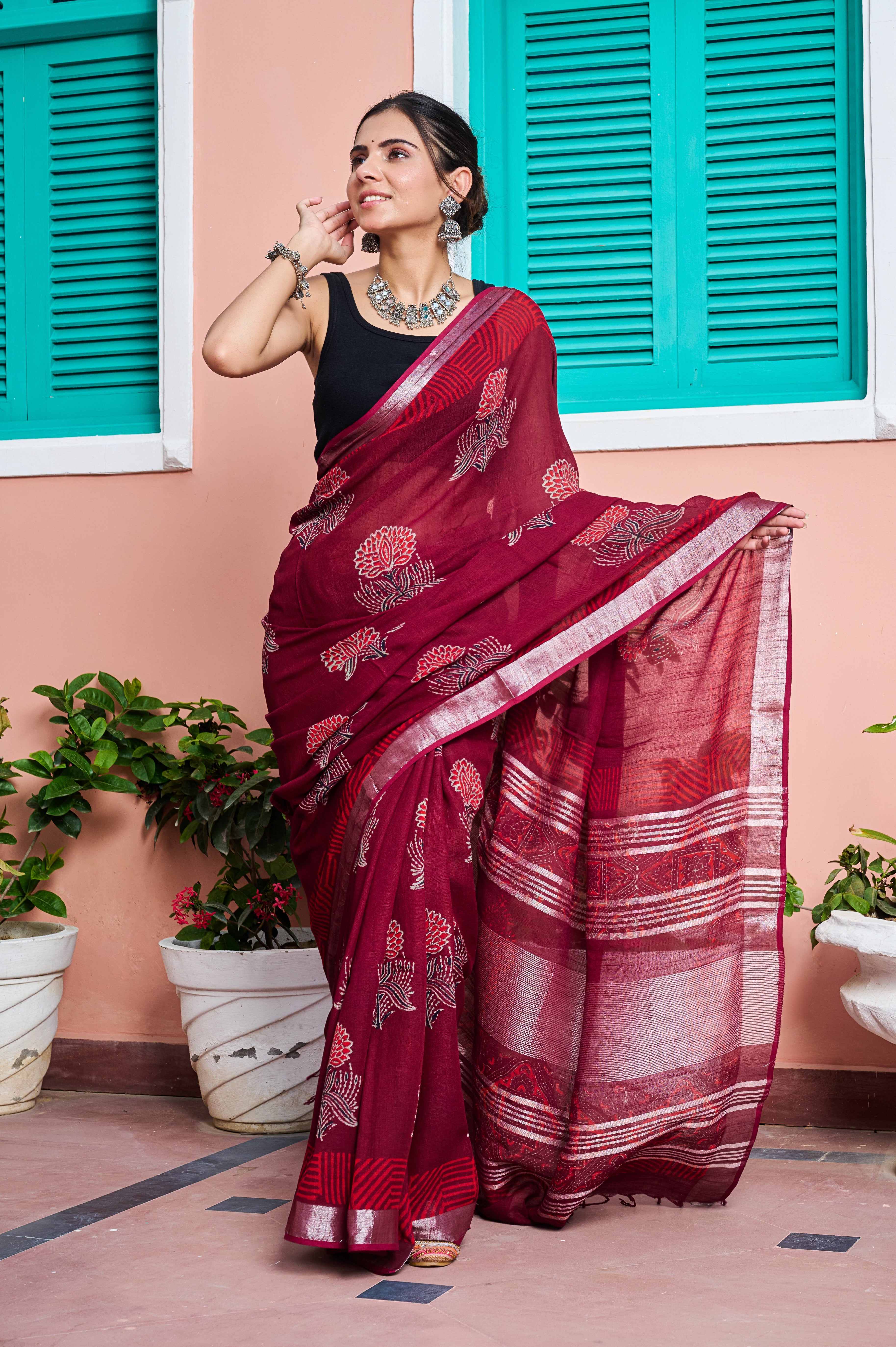 Premium Marron Cotton Linen Saree