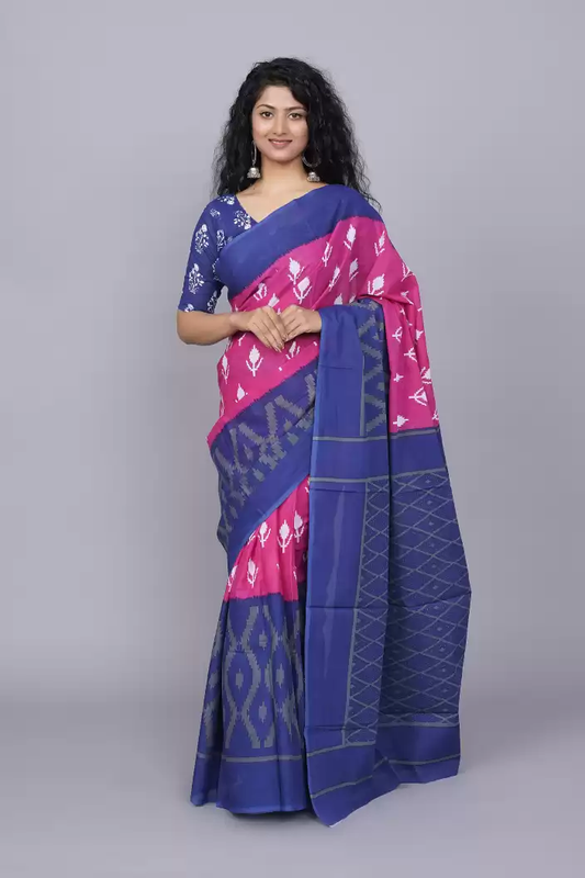 Printed Blue Ikkat Print Cotton MulMul Saree