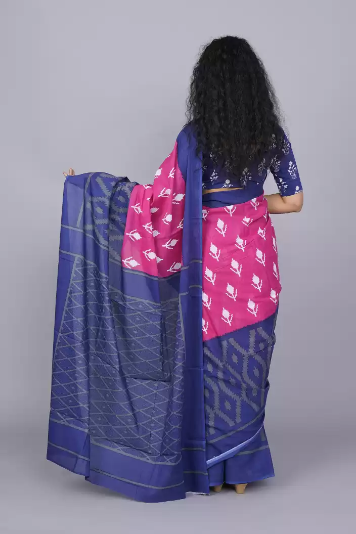 Printed Blue Ikkat Print Cotton MulMul Saree