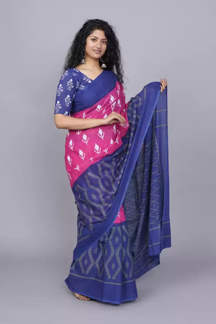 Printed Blue Ikkat Print Cotton MulMul Saree