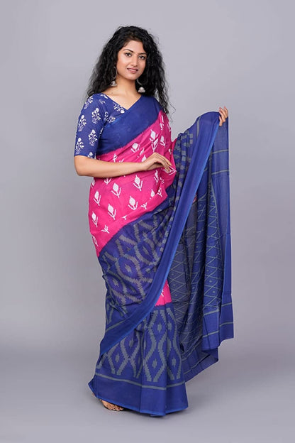 Printed Blue Ikkat Print Cotton MulMul Saree