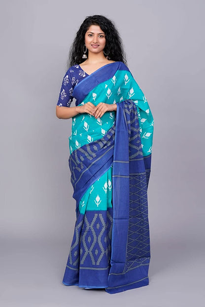 Printed Blue Ikkat Print Cotton MulMul Saree