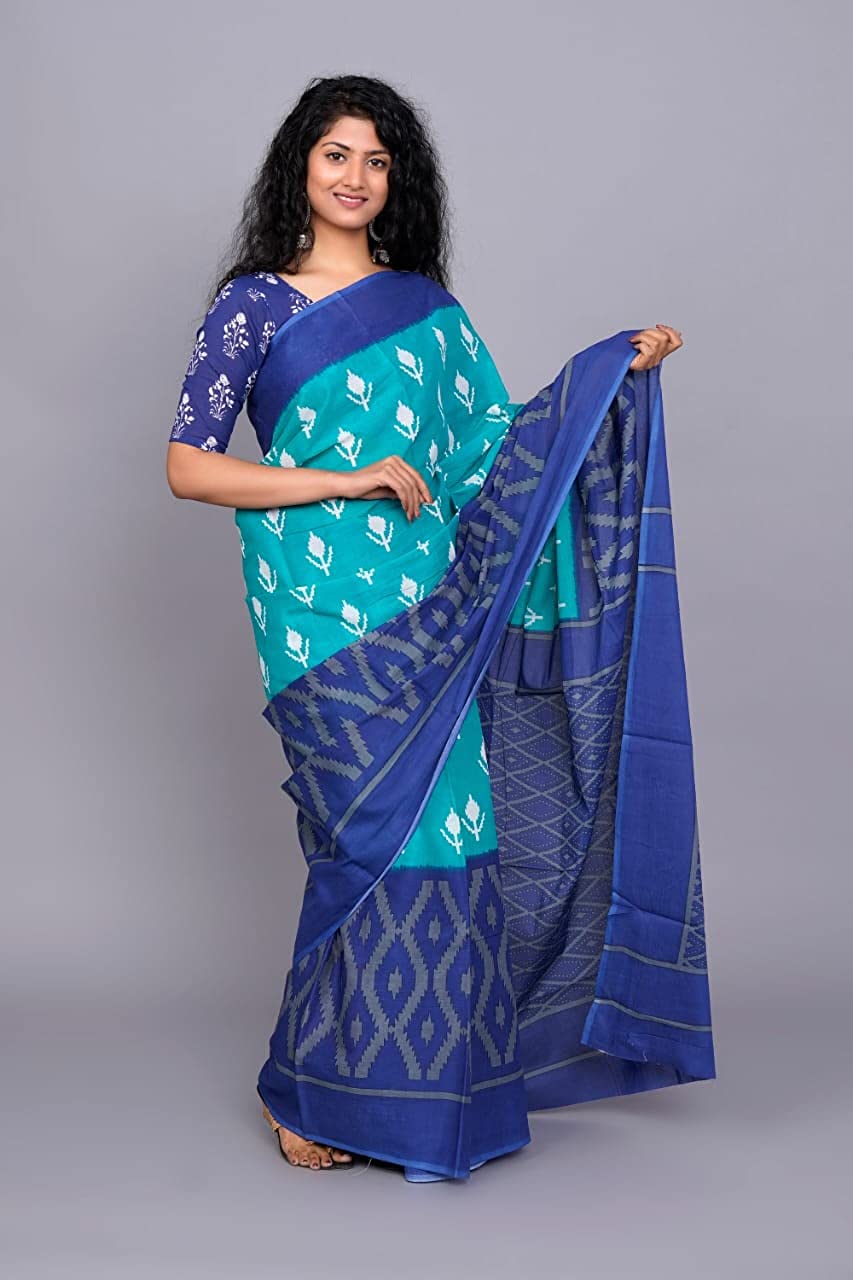 Printed Blue Ikkat Print Cotton MulMul Saree