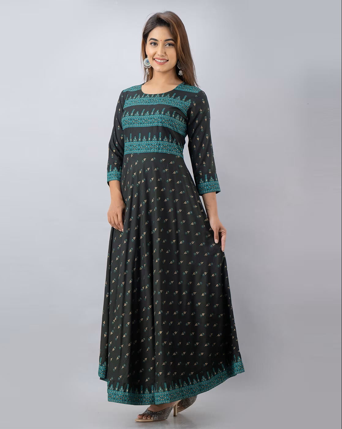 Green Cotton Anarkali Dress For Women