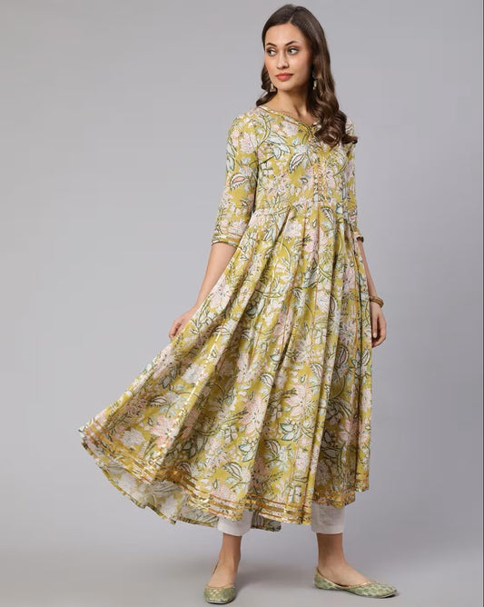 Mustard Cotton Anarkali Dress For Women