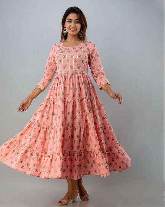 Peach Cotton Anarkali Dress For Women