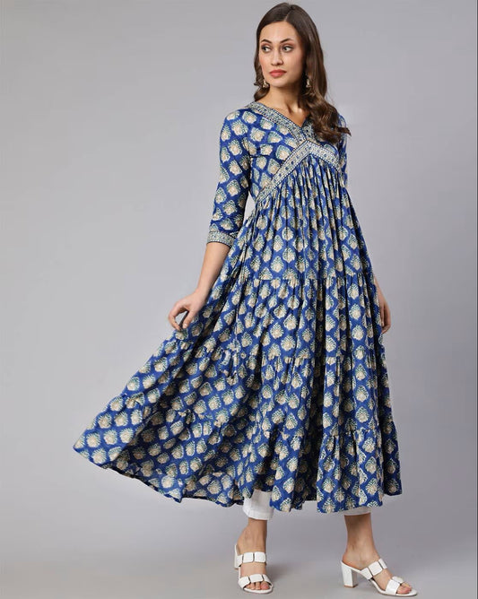 Blue Cotton Anarkali Dress For Women