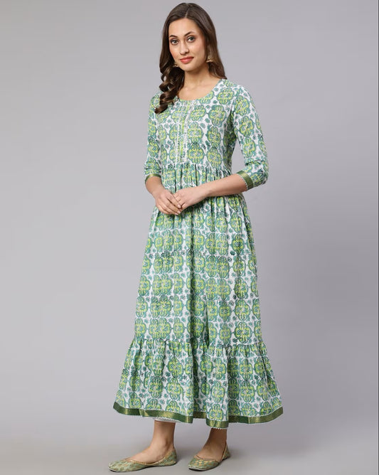 Green Cotton Anarkali Dress For Women