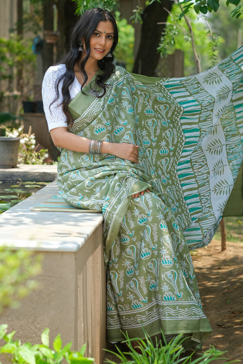 Cotton MulMul Light Green Printed Sarees