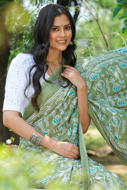 Cotton MulMul Light Green Printed Sarees